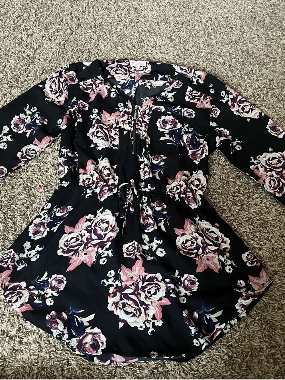 Stella Tweed Black Floral Long Sleeve Drawstring Dress